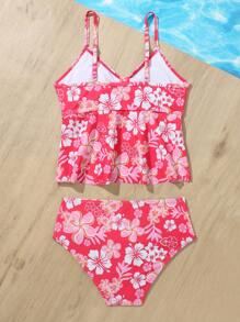 Tween Girl Floral Print Ruffle Hem Tankini Swimwear - Pink - View 2