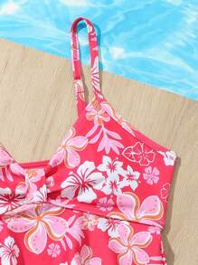 Tween Girl Floral Print Ruffle Hem Tankini Swimwear - Pink - View 3