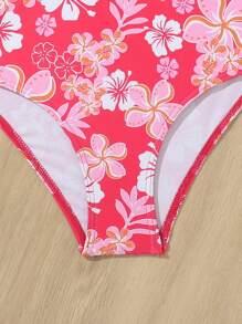 Tween Girl Floral Print Ruffle Hem Tankini Swimwear - Pink - View 4