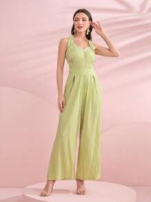 Mulvari Solid Plisse Wide Leg Jumpsuit - Mint Green - View 3