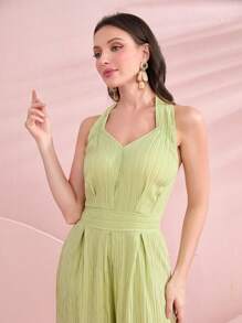 Mulvari Solid Plisse Wide Leg Jumpsuit - Mint Green - View 5