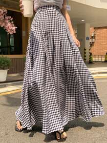 DAZY 格纹印花褶裥细节喇叭裙 - 黑與白 - 查看 1