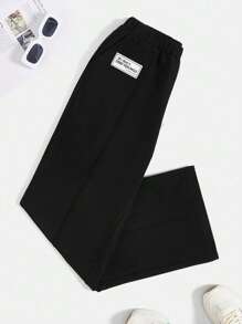 SHEIN EZwear 字母補丁細節斜口袋衛褲 - 黑色 - 查看 1