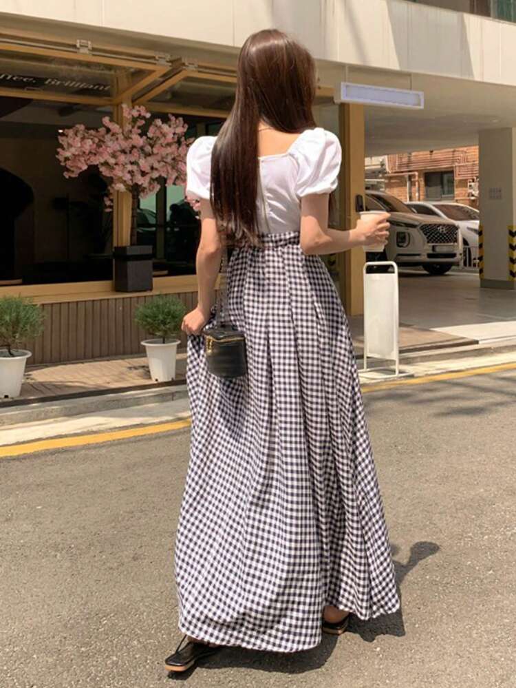 Gingham Print Fold Pleated Detail Flare Skirt