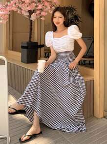 DAZY 格纹印花褶裥细节喇叭裙 - 黑與白 - 查看 4