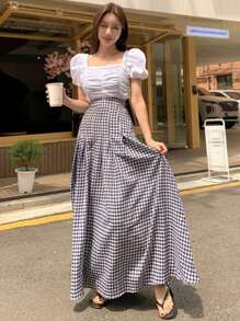 DAZY 格纹印花褶裥细节喇叭裙 - 黑與白 - 查看 5