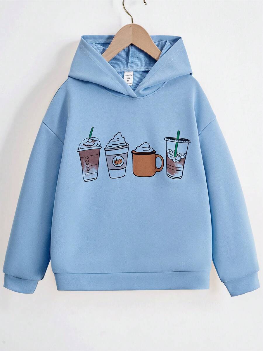 SHEIN 少女饮料印花落肩卫衣 - 藍色 - 查看 1