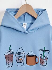 SHEIN 少女饮料印花落肩卫衣 - 藍色 - 查看 5