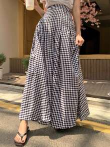DAZY 格纹印花褶裥细节喇叭裙 - 黑與白 - 查看 7