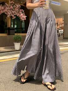 DAZY 格纹印花褶裥细节喇叭裙 - 黑與白 - 查看 8