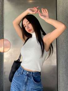 DAZY Chất rắn Cổ cao Đồ đan Ribbed Áo - trắng - Xem 3