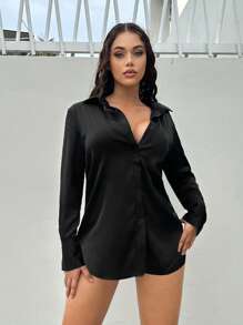 SHEIN SXY Áo sơ mi voan đi làm đơn giản tối giản rộng rãi, ướt át, bán trong suốt - màu đen - Xem 4