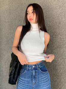 DAZY Chất rắn Cổ cao Đồ đan Ribbed Áo - trắng - Xem 9