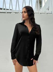 SHEIN SXY Áo sơ mi voan đi làm đơn giản tối giản rộng rãi, ướt át, bán trong suốt - màu đen - Xem 3