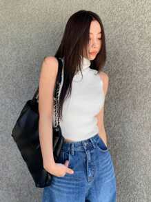 DAZY Chất rắn Cổ cao Đồ đan Ribbed Áo - trắng - Xem 10