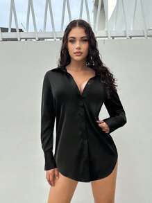 SHEIN SXY Áo sơ mi voan đi làm đơn giản tối giản rộng rãi, ướt át, bán trong suốt - màu đen - Xem 1