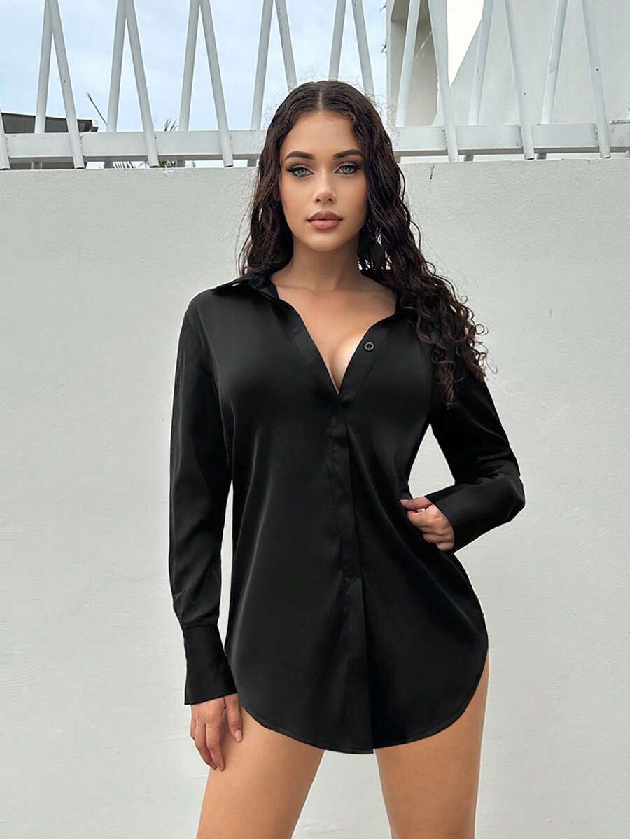 SHEIN SXY Áo sơ mi voan đi làm đơn giản tối giản rộng rãi, ướt át, bán trong suốt - màu đen - Xem 1