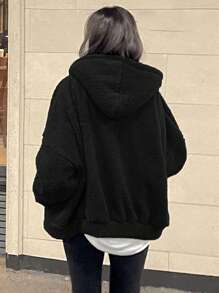 DAZY 纯色落肩泰迪连帽衫、长袖上衣、秋季女装运动衫夹克拉链 - 黑色 - 查看 2