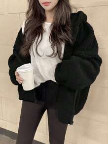 DAZY 纯色落肩泰迪连帽衫、长袖上衣、秋季女装运动衫夹克拉链 - 黑色 - 查看 3