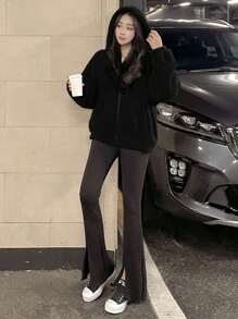 DAZY 纯色落肩泰迪连帽衫、长袖上衣、秋季女装运动衫夹克拉链 - 黑色 - 查看 5