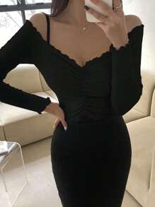 DAZY Cold Shoulder Lettuce Trim Ruched Front Tee Long Sleeve Women Tops - Black - View 2