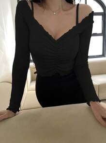 DAZY Cold Shoulder Lettuce Trim Ruched Front Tee Long Sleeve Women Tops - Black - View 3