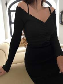 DAZY Cold Shoulder Lettuce Trim Ruched Front Tee Long Sleeve Women Tops - Black - View 4