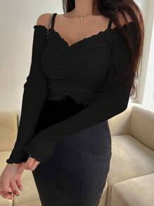 DAZY Cold Shoulder Lettuce Trim Ruched Front Tee Long Sleeve Women Tops - Black - View 5