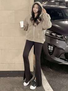 DAZY Solid Drop Shoulder Teddy Hoodie,Fall Women Clothes - Khaki - View 3