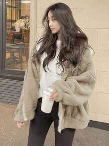 DAZY Solid Drop Shoulder Teddy Hoodie,Fall Women Clothes - Khaki - View 4