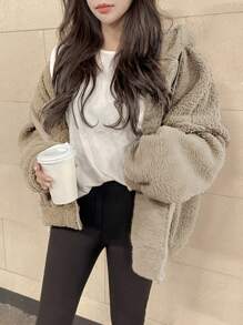 DAZY Solid Drop Shoulder Teddy Hoodie,Fall Women Clothes - Khaki - View 5