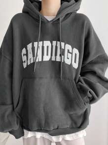 DAZY 女士保暖连帽卫衣，休闲字母印花套头连帽衫，秋冬 - 深灰色 - 查看 2