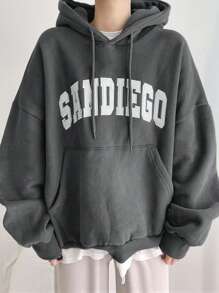 DAZY 女士保暖连帽卫衣，休闲字母印花套头连帽衫，秋冬 - 深灰色 - 查看 3