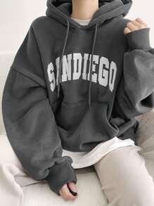 DAZY 女士保暖连帽卫衣，休闲字母印花套头连帽衫，秋冬 - 深灰色 - 查看 4