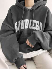 DAZY 女士保暖连帽卫衣，休闲字母印花套头连帽衫，秋冬 - 深灰色 - 查看 5