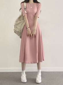 DAZY 纯色A字连衣裙，休闲女装 - 粉色 - 查看 4