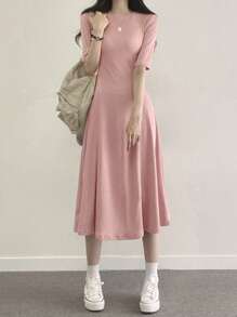 DAZY 纯色A字连衣裙，休闲女装 - 粉色 - 查看 5