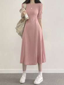 DAZY 纯色A字连衣裙，休闲女装 - 粉色 - 查看 6