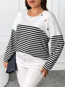 SHEIN Frenchy 大碼條紋印花紐扣細節插肩袖T恤 - 黑與白 - 查看 5