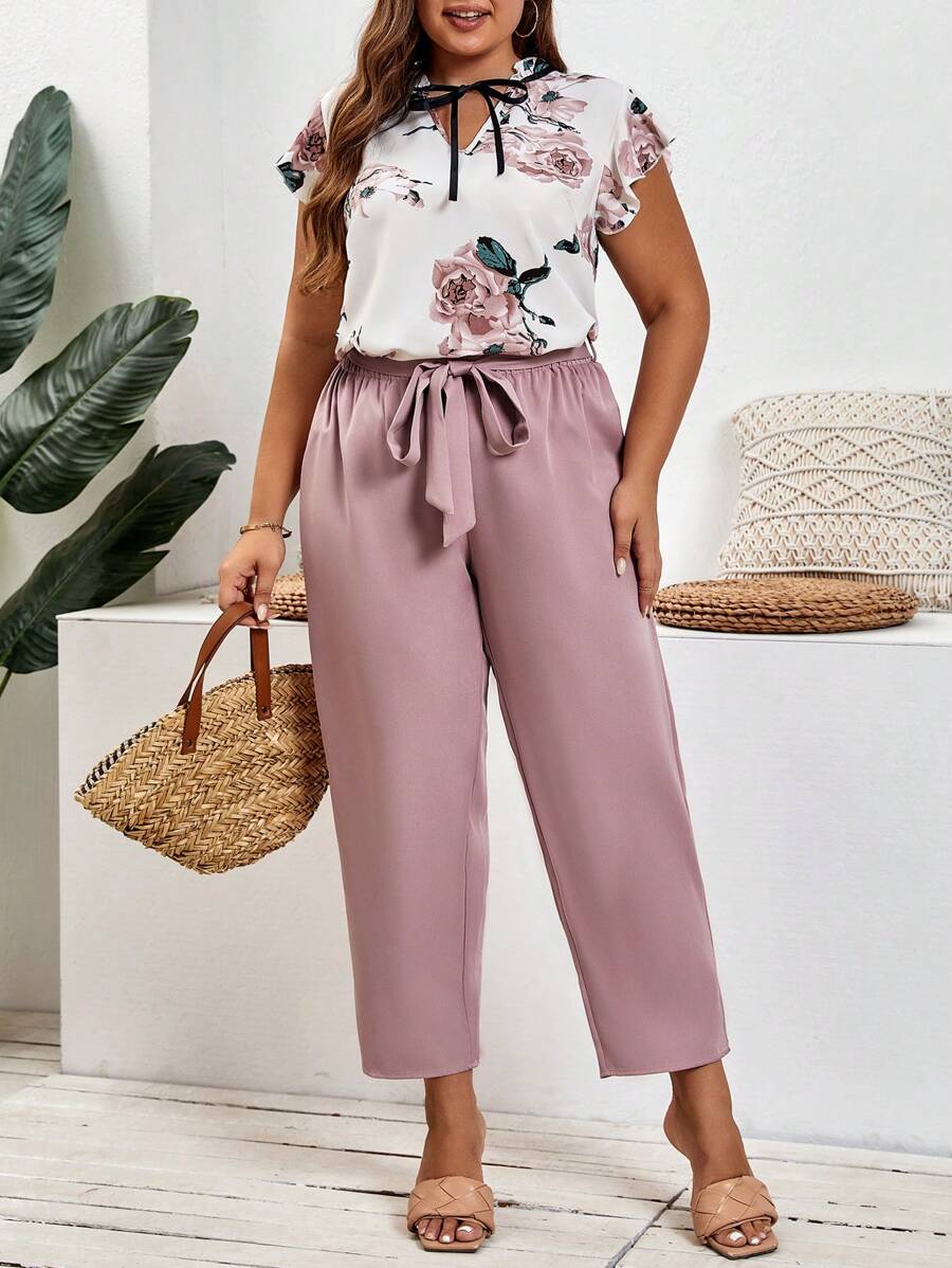 SHEIN Frenchy Plus Floral Print Tie Neck Blouse & Belted Pants - Multicolor - View 1