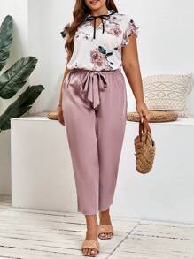 SHEIN Frenchy Plus Floral Print Tie Neck Blouse & Belted Pants - Multicolor - View 4