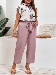 SHEIN Frenchy Plus Floral Print Tie Neck Blouse & Belted Pants - Multicolor - View 5