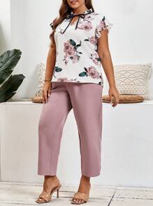 SHEIN Frenchy Plus Floral Print Tie Neck Blouse & Belted Pants - Multicolor - View 6