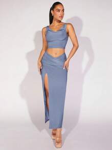 SHEIN BAE 垂領短款背心&高衩半身裙 - 霧霾藍 - 查看 1