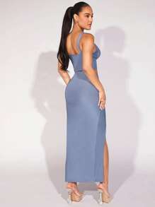 SHEIN BAE 垂領短款背心&高衩半身裙 - 霧霾藍 - 查看 2