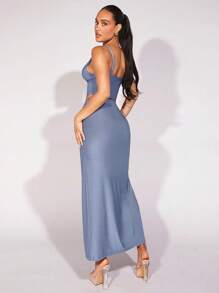 SHEIN BAE 垂領短款背心&高衩半身裙 - 霧霾藍 - 查看 5