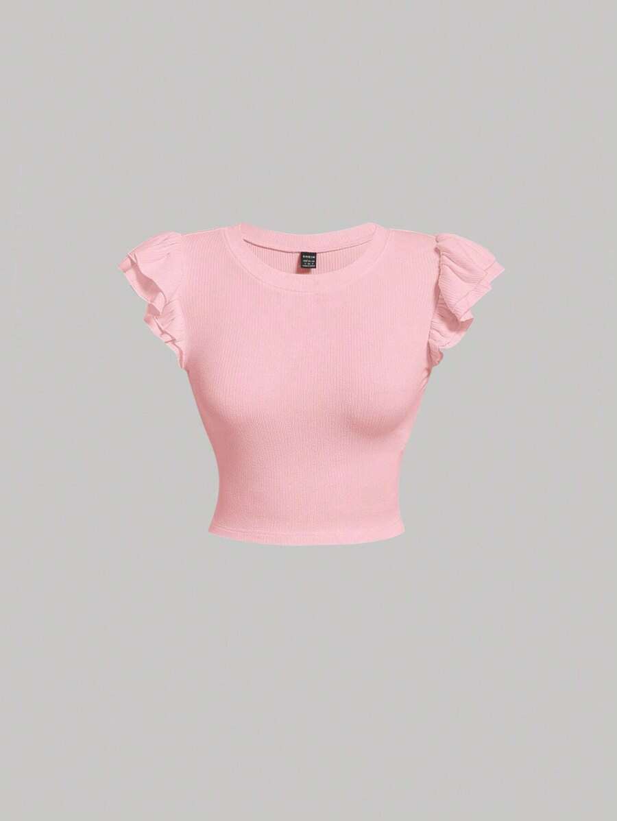 SHEIN MOD Camiseta crop unicolor de manga mariposa - Rosa Pálido - Ver 1