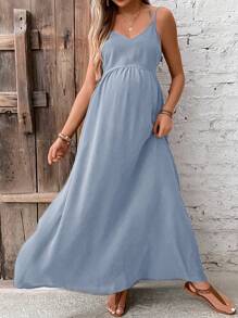 SHEIN 孕婦素色後背十字交叉吊帶連衣裙