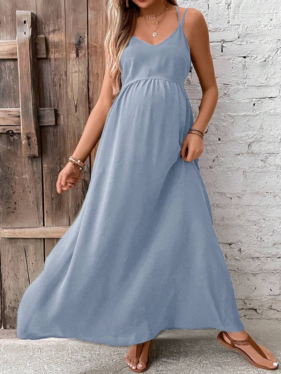 SHEIN 孕婦素色後背十字交叉吊帶連衣裙