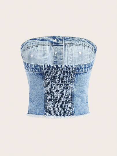 SHEIN MOD Raw Hem Button Front Tube Denim Top
